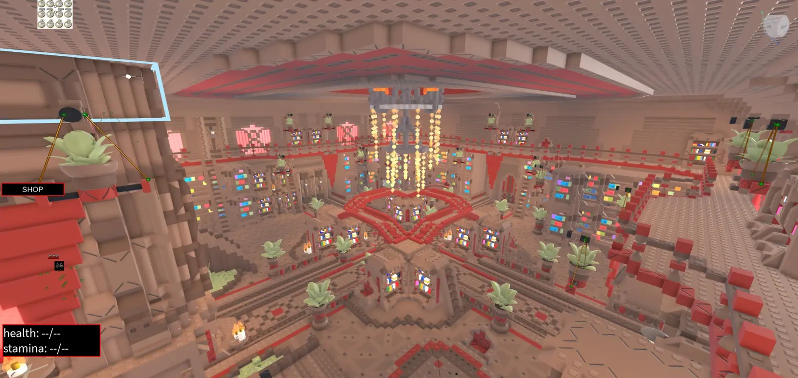 a big indoor map with bookshelves, plants and a chandelier in the middle