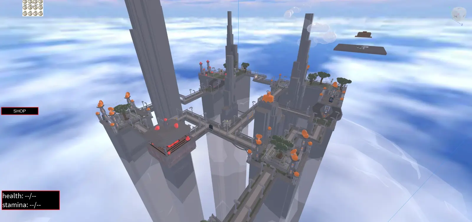 towers connected by walkways above the clouds