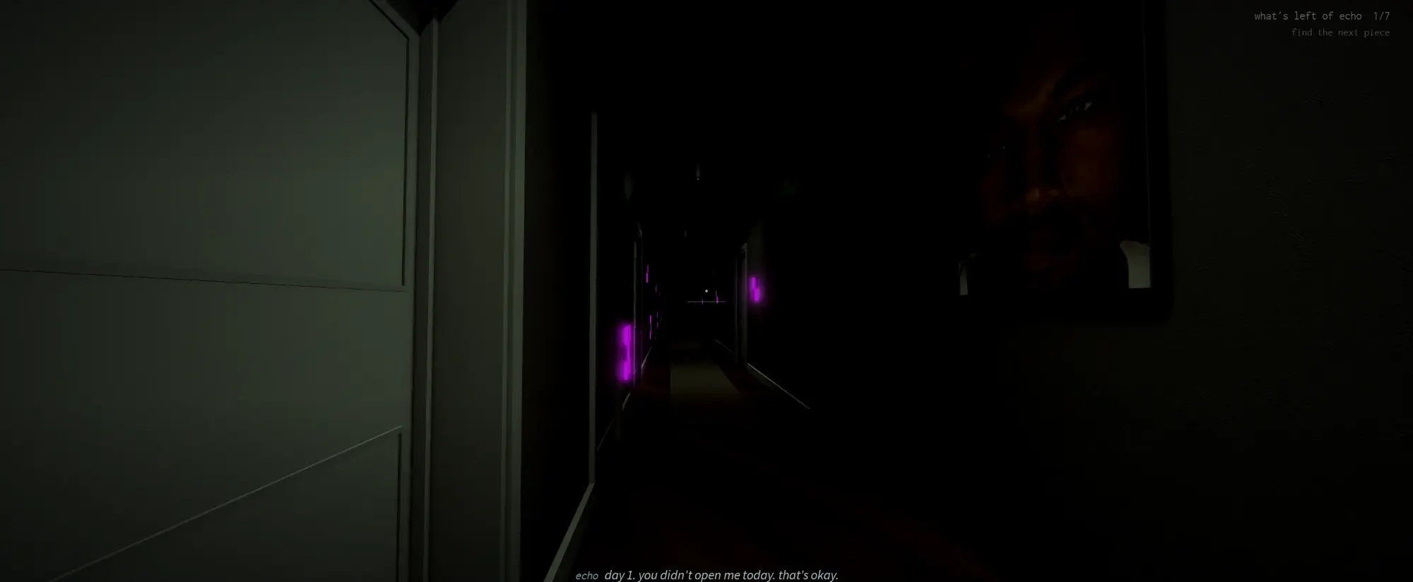 a dark hallway with purple glitches and a subtitle from echo