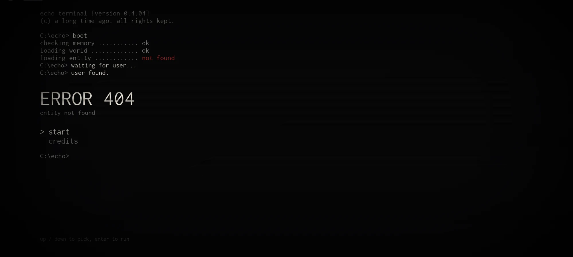 ERROR 404 main menu, a terminal boot screen