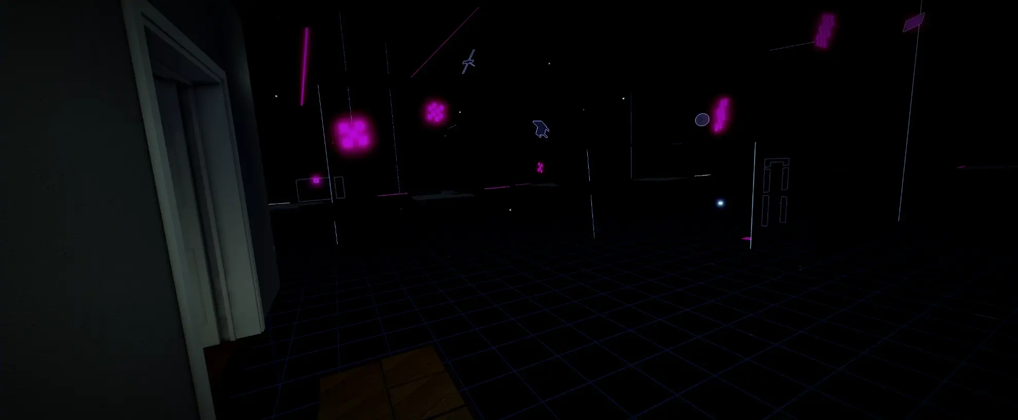 a black wireframe world with glowing purple glitches