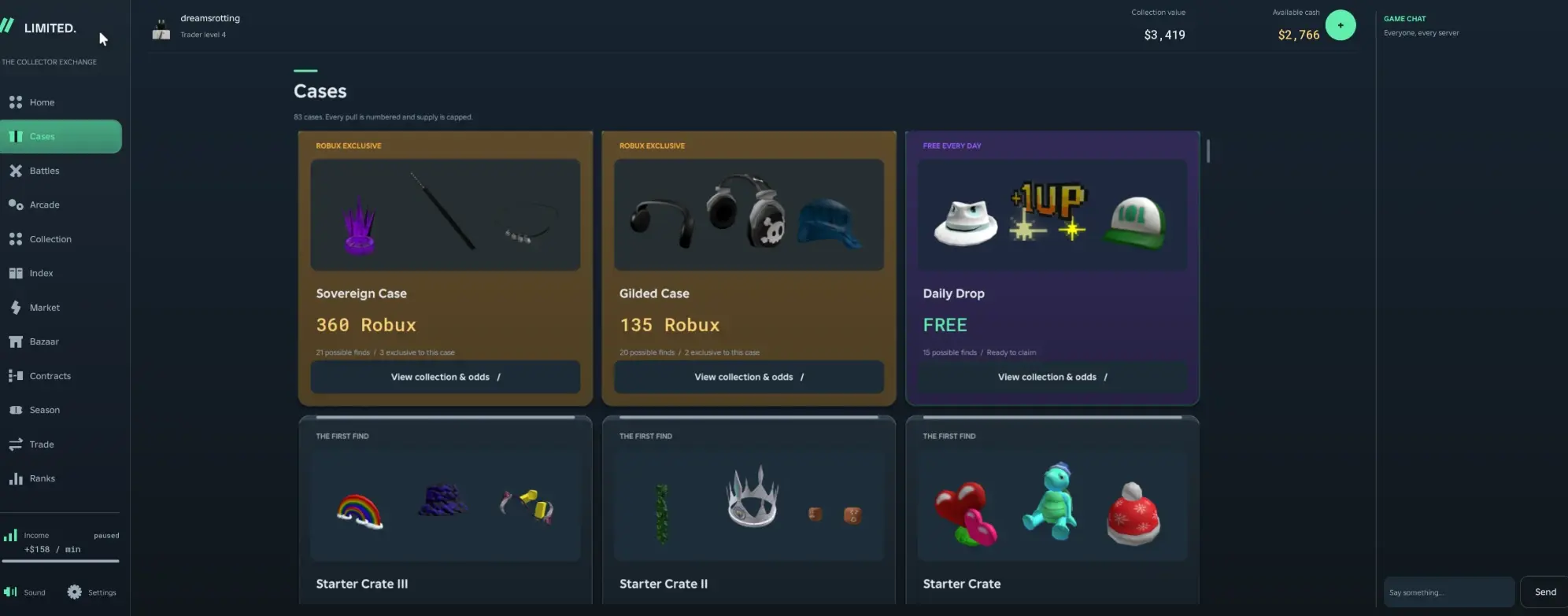 the cases page with robux and free cases