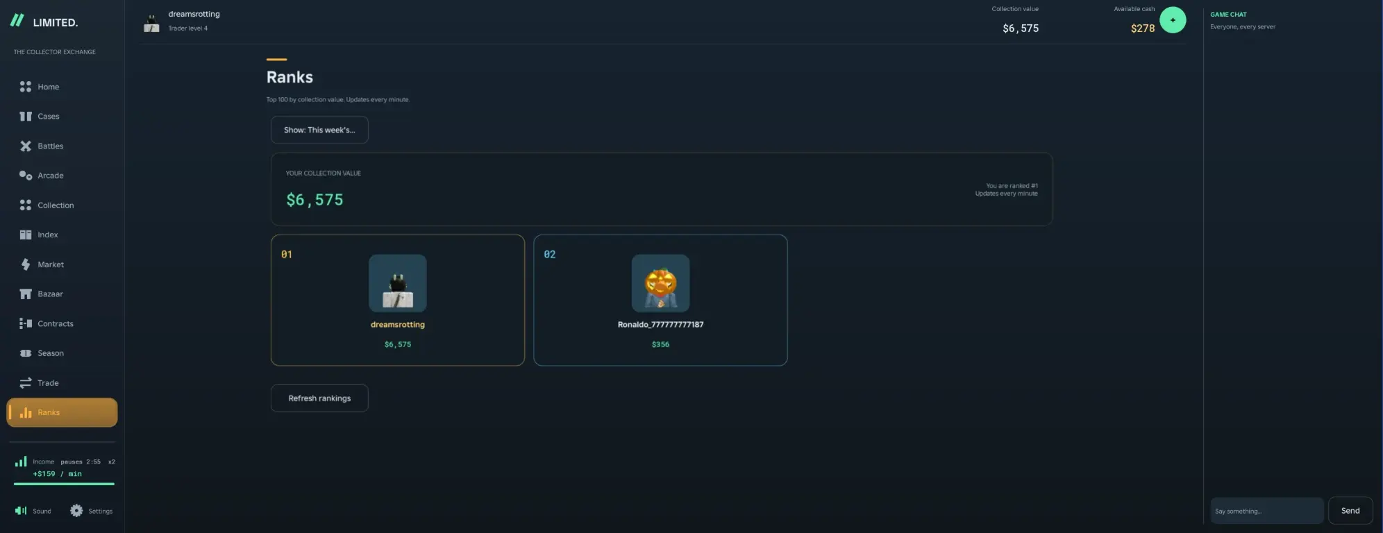the ranks page with the top collectors